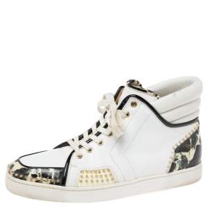Christian Louboutin White/Black Leather And Patent Leather Sporty Dude High Top Sneakers Size 44