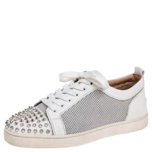 Christian Louboutin White Leather and Mesh Louis Junior Spike Sneakers Size 41