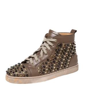 Pre Owned Christian Louboutin Brown Leather Louis Orlato Spike High-Top Sneakers Size 42