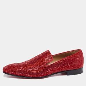 Christian Louboutin Red Suede Dandelion Strass Smoking Slippers Size 44.5