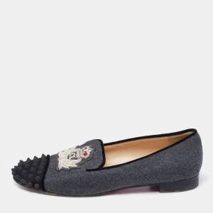 Christian Louboutin Grey/Black Wool and Suede Harvanana Spiked Cap-Toe Smoking Slippers Size 41