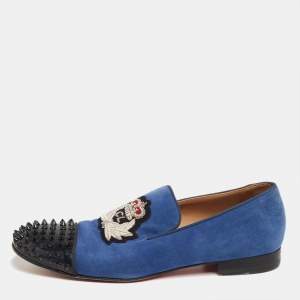 Pre Owned Christian Louboutin Blue/Black Suede and Patent Leather Harvanana Spiked Cap-Toe Smoking Slippers Size 42.5