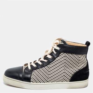 Pre Owned Christian Louboutin Black/Cream Suede And Leather Rantus Orlato High Top Sneakers  Size 44.5 