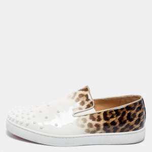 Christian Louboutin Tri Color Leopard Print Patent Leather Spike Slip-On Sneakers Size 43.5