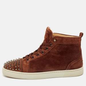 Pre Owned Christian Louboutin Brown Suede Lou Spikes High Top Sneakers Size 41.5 
