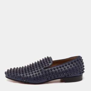 Christian Louboutin Navy Blue Leather Dandelion Spike Smoking Slippers Size 40