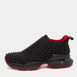 Christian Louboutin Black Stretch Fabric Spike Sock Slip On Platform Sneakers Size 40.5