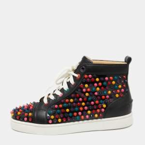Christian Louboutin Black Leather Multicolor Spikes Louis High-Top Sneakers Size 40