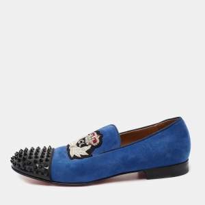 Christian Louboutin Blue/Black Suede and Patent Leather Harvanana Spiked Smoking Slippers Size 42