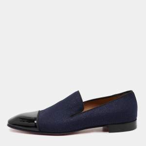 مملوكة مسبقًا Christian Louboutin Indigo Blue/Black Fabric and Patent Leather Dandelion Cap Toe Smoking Slipper Size 43.5