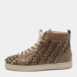 Pre Owned Christian Louboutin Brown Leather Louis Orlato Spike High-Top Sneakers Size 42
