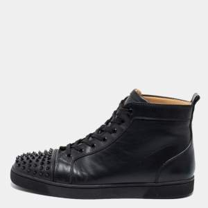 Pre Owned Christian Louboutin Black Leather Louis Junior Spikes High-Top Sneakers Size 47