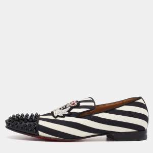 Christian Louboutin Black/White Patent Leather And Striped Canvas Havanana Spikes Smoking Slippers Size 42