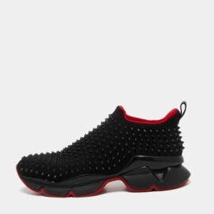Pre Owned Christian Louboutin Black Neoprene Spike Sock Slip-On Sneakers Size 46