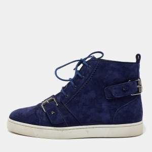Christian Louboutin Navy Blue Suede Nono Strap Reglisse High-Top Sneakers Size 39.5