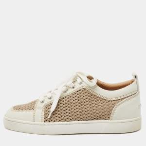 مملوكة مسبقًا Christian Louboutin White/Brown Leather and Woven Fabric Rantulow Low-Top Sneakers Size 40