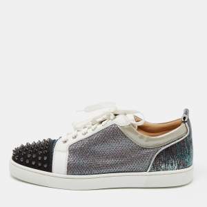 Christian Louboutin Multicolor Glitter, Lizard Embossed Leather and Glitter Suede Louis Junior Orlato Spikes Sneakers Size 44