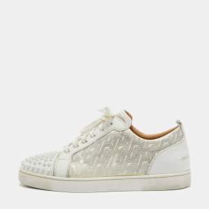 Christian Louboutin White Leather and Printed Patent Leather Louis Junior Spikes Low Top Sneakers Size 44