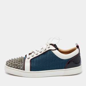 Christian Louboutin Multicolor Glitter, Mesh and Patent Leather Louis Junior Spikes Low Top Sneakers Size 43.5