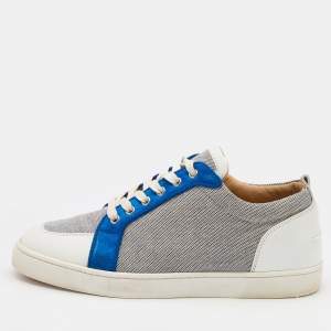Christian Louboutin White/Navy Blue Leather and Woven Fabric Rantulow Low Top Sneakers Size 43