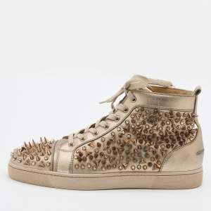 Pre Owned Christian Louboutin Gold Leather Louis Spike High Top Sneakers Size 44.5