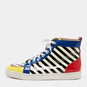 Christian Louboutin Multicolor Patent Leather Rantus Stripes High Top Sneakers Size 45.5