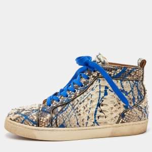 Christian Louboutin Blue/Grey Python Leather Graffiti Louis Flat High Top Sneakers Size 41