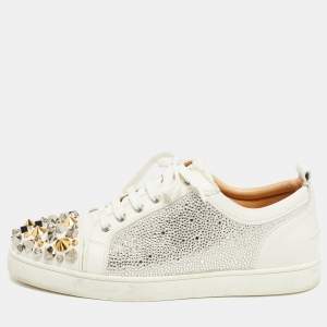 Christian Louboutin White Leather Louis Junior Mix Spikes And Crystal Embellished Sneaker Size 43.5