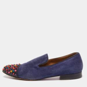 Christian Louboutin Navy Blue/Black Suede and Patent Leather Spooky Spike Smoking Slippers Size 43
