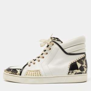 Christian Louboutin Tricolor Leather and Stone Print Patent Spikes High Top Sneakers Size 42