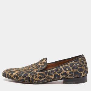 Christian Louboutin Black/Gold Raffia Animal Print Loafers Size 43