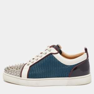 Christian Louboutin Multicolor Glitter, Mesh and Patent Leather Louis Junior Spikes Low Top Sneakers Size 41.5