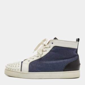  Christian Louboutin Blue/White Leather and Canvas Louis Spikes Orlato Sneakers Size 43.5