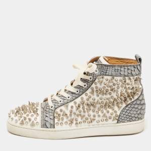 Christian Louboutin Grey/White Python and Leather Louis Spikes Sneakers Size 43