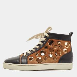 Christian Louboutin Black/Brown Leather and Suede Laser Cut High Top Sneakers Size 42.5
