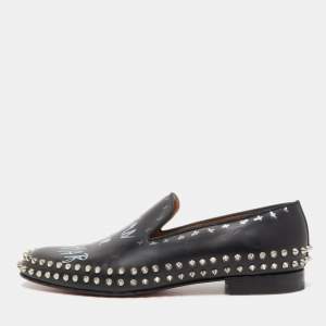 Christian Louboutin Black Leather Printed Spiked Loafers Size 42