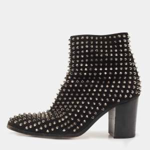 Christian Louboutin Black Suede Spikes Block Heel Ankle Boots Size 42.5