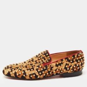 Christian Louboutin Beige/Black Leopard Print Calf Hair Spikes Slip On Smoking Slippers Size 41.5