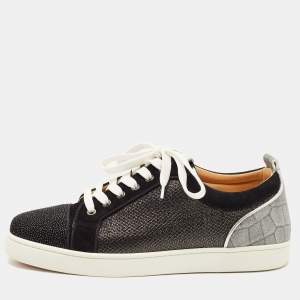 Christian Louboutin Black/Silver Textured Suede Glitter Low Top Sneakers Size 43