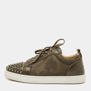 Christian Louboutin Army Green Leather and Canvas Louis Junior Spike Sneakers Size 42
