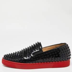 Christian Louboutin Black Patent Denim Roller Boat Spike Sneakers Size 42.5