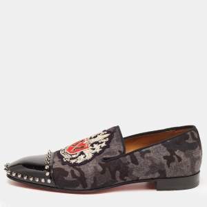 Christian Louboutin Black/Grey Camoflauge Felt and Patent Leather Loubi Forever Spike Loafers Size 41