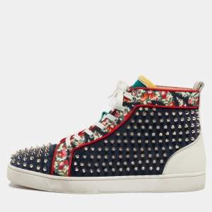  Christian Louboutin Tricolor Leather and Fabric Louis Spikes High-Top Sneakers Size 44.5
