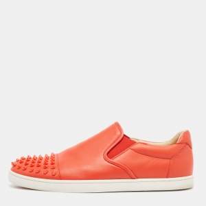Christian Louboutin Orange Leather Spikes Cap Toe Slip On Sneakers Size 42