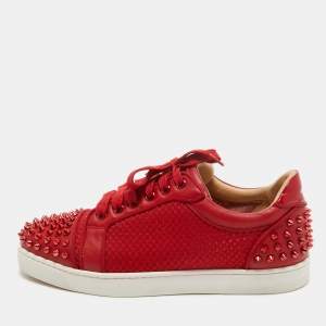 Christian Louboutin Red Mesh and Leather Vieira Spikes Low Top Sneakers Size 39