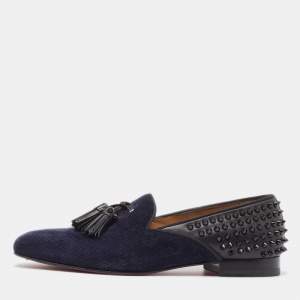 Christian Louboutin Navy Blue Velvet and Leather Tassilo Spike Loafers Size 42.5