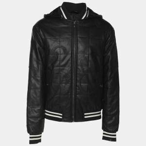 Class by Roberto Cavalli Dark Brown Faux Leather Logo Embroidered Removable Hoodie Jacket M