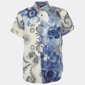 Class by Roberto Cavalli White/Blue Printed Cotton Short Sleeve Shirt XXL