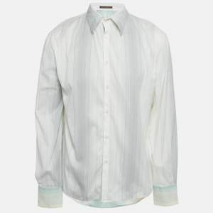 Pre Owned Class by Roberto Cavalli White Stripe Cotton Embroidery Detail Button Front Shirt XXL