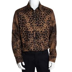 Class by Roberto Cavalli Brown Cotton Animal Print Shirt L
